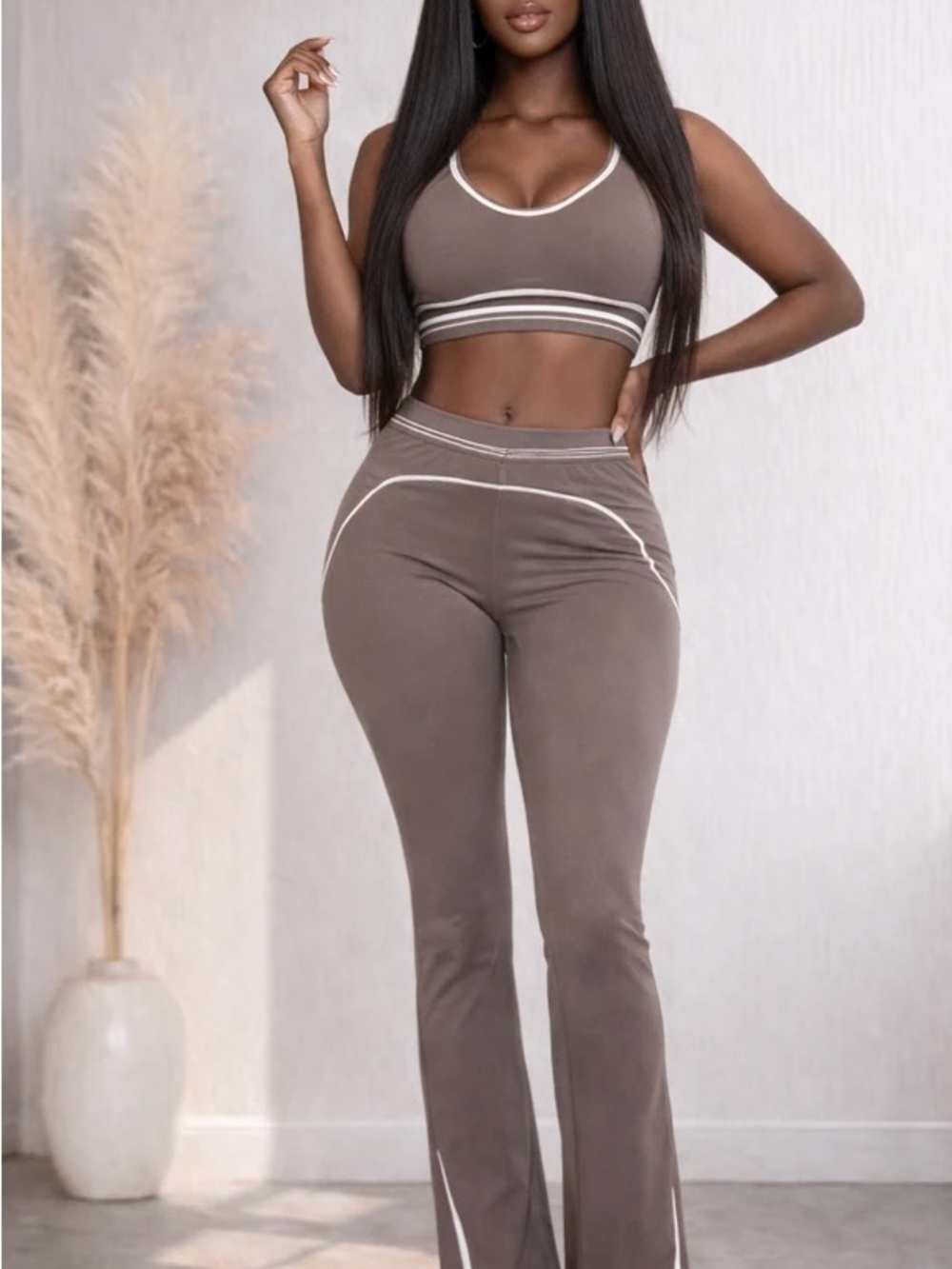 High-Waist Active Wear Taupe Flare Leg Set